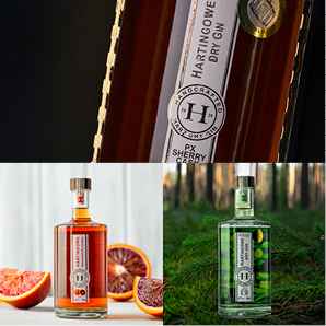Produktfoto von Hartingowe Dry Gin in verschiedenen Sorten – stilvolle Flaschenaufnahme mit Früchten und Naturhintergrund, Produktfotografie Fotoagentur Otto Goslar